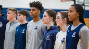 Red track surrounding a large university campus building
